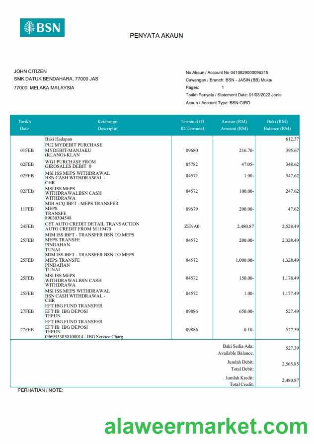 Malaysia BSN bank statement